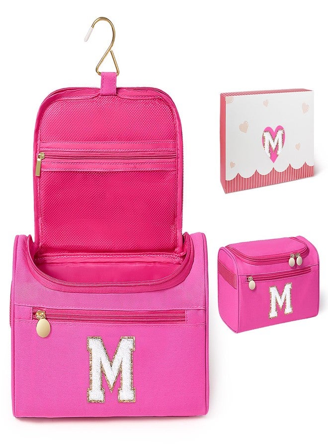 COSHAYSOO Hanging Toiletry Skin Care Bag Travel Size Spa Sleepover Party Supplies Gifts for Teen Girls Cheerleader Cheer Dance Recital Summer Camp Weekend Overnight Essentials Pink Initial Letter M - Image 1